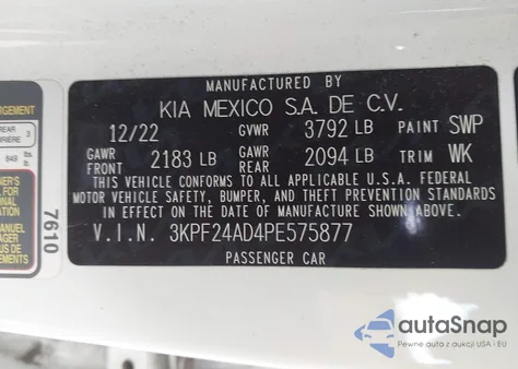 2023 Kia Forte Lxs z USA, uszkodzony, nr VIN 3KPF24AD4PE575877